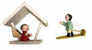 Vintage Erzgebirge Wooden Christmas Ornaments Mini Figurines Manger and Skier